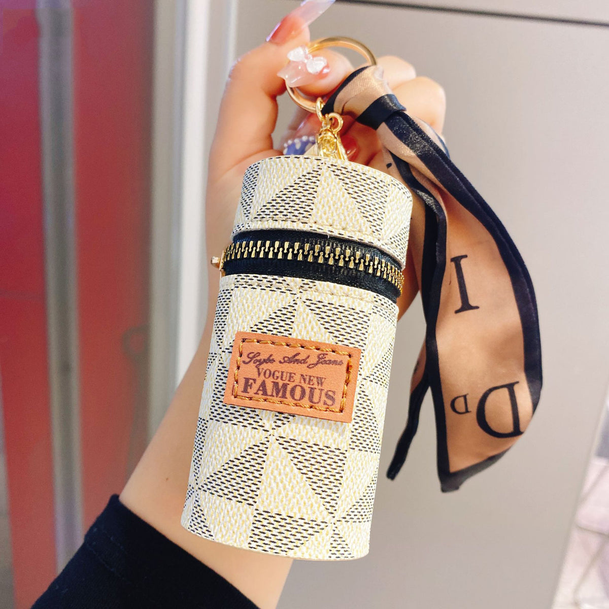 Faux Leather Keychain Pouch – Mini Cylinder Zip Bag Charm – image 4