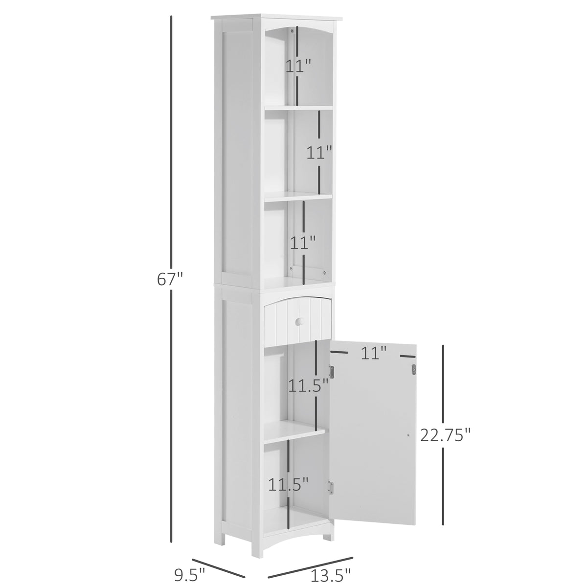 Tall Linen Tower Cabinet with 3 Shelves and Drawer, White – image 2