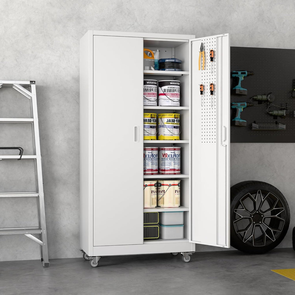 Garage Storage Cabinet Locking Metal with Wheels, Pegboard Doors – image 3