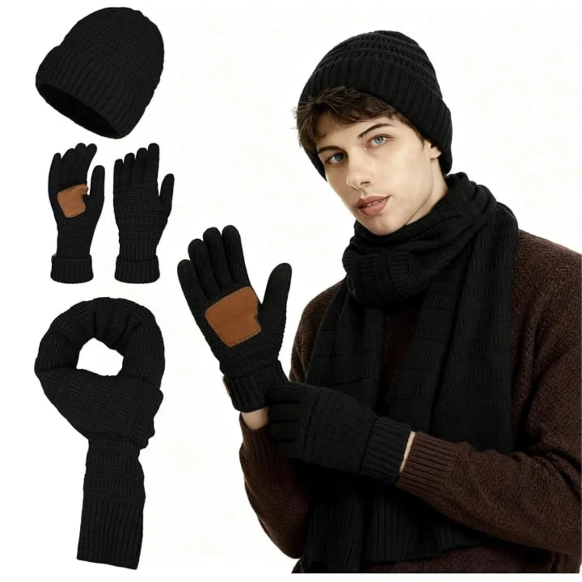 Winter Hat, Scarf & Gloves Set – Black Knit with Touchscreen Gloves – image 2