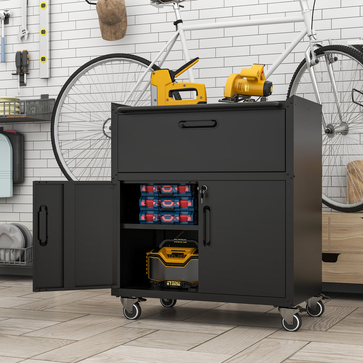 Mobile Metal Garage Cabinet with Drawer and 2 Locking Doors – image 2