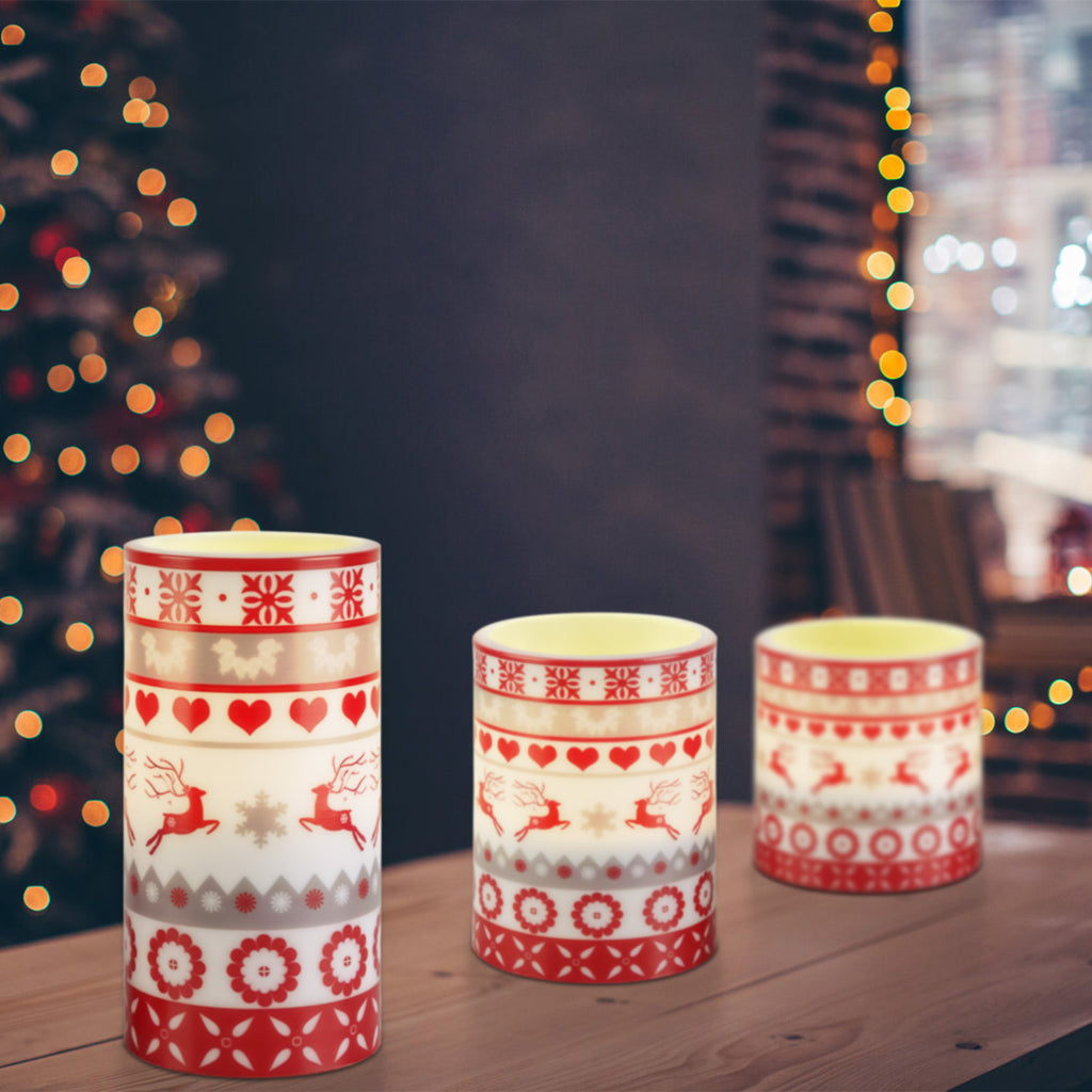 Christmas Flameless LED Pillar Candles with Remote, Set of 3