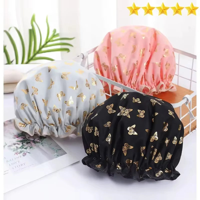 Shower Cap Double Layer Waterproof with Gold Print – image 2