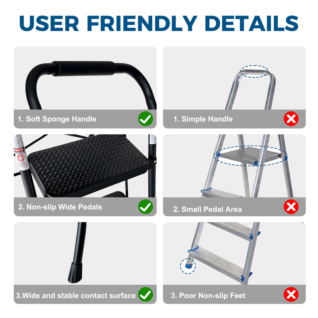 3 Step Ladder, Folding Steel Step Stool with Wide Anti-Slip Pedals – image 8