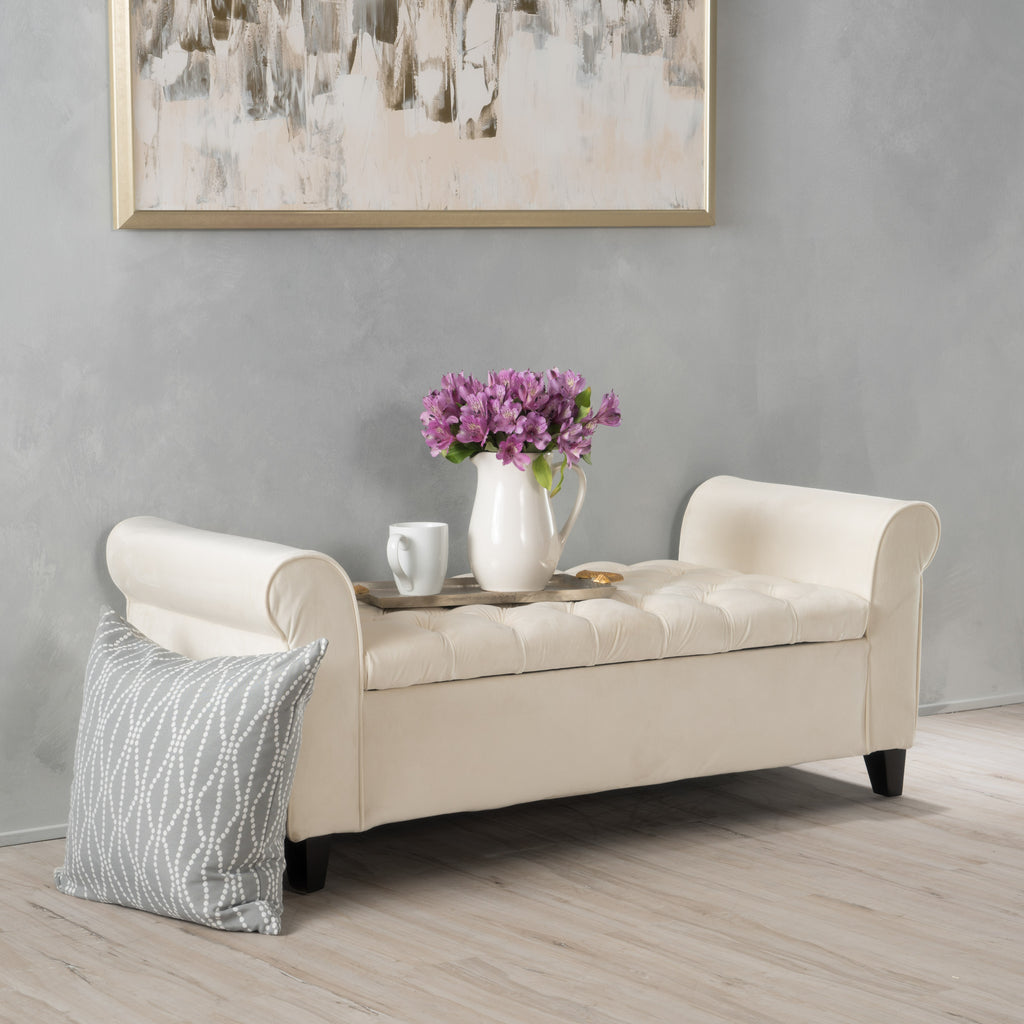 Tufted Storage Bench with Rolled Arms, 50 in Ivory Fabric – image 1