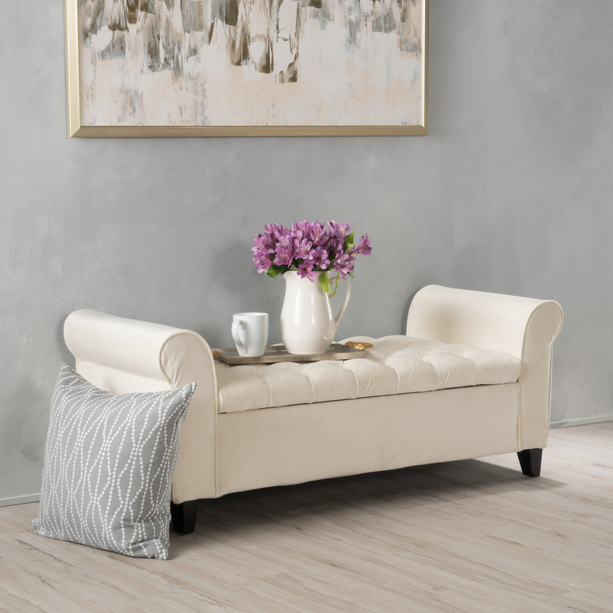 Tufted Storage Bench with Rolled Arms, 50 in Ivory Fabric – image 1