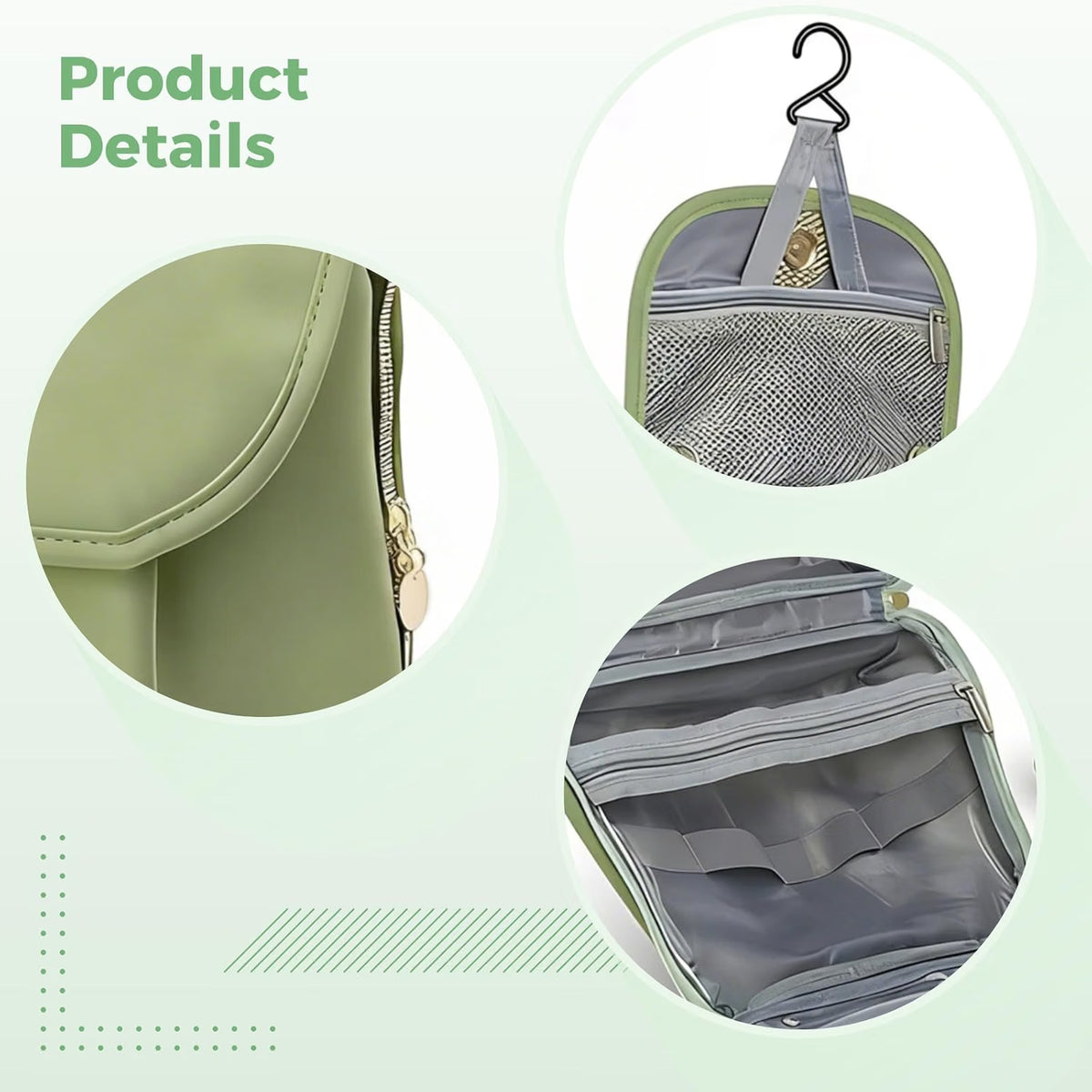 Toiletry Bag, Hanging Waterproof Leather Travel Organizer, Green – image 3
