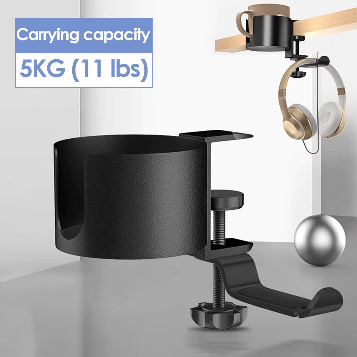 Desk Cup Holder with Headphone Hanger, Clamp-On Aluminum – image 3