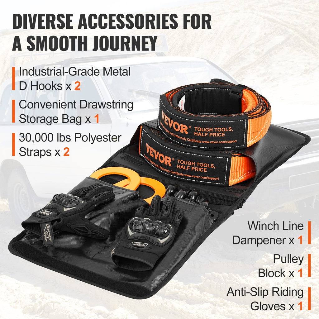 Towing Recovery Kit with Snatch Block, 30,000 lb Straps & Shackles
