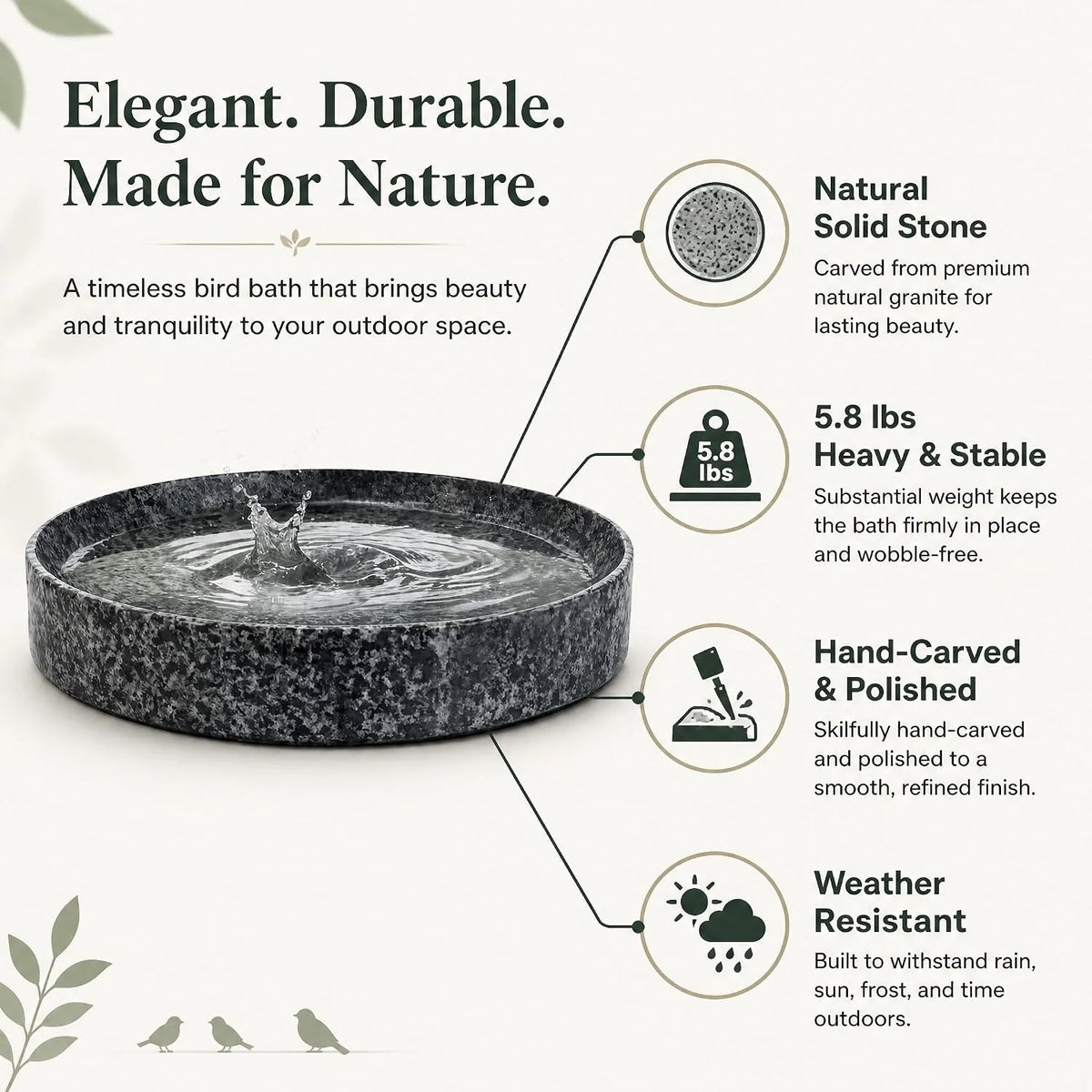 Stone Bird Bath Bowl 10 in - Heavy Natural Stone Birdbath – image 3