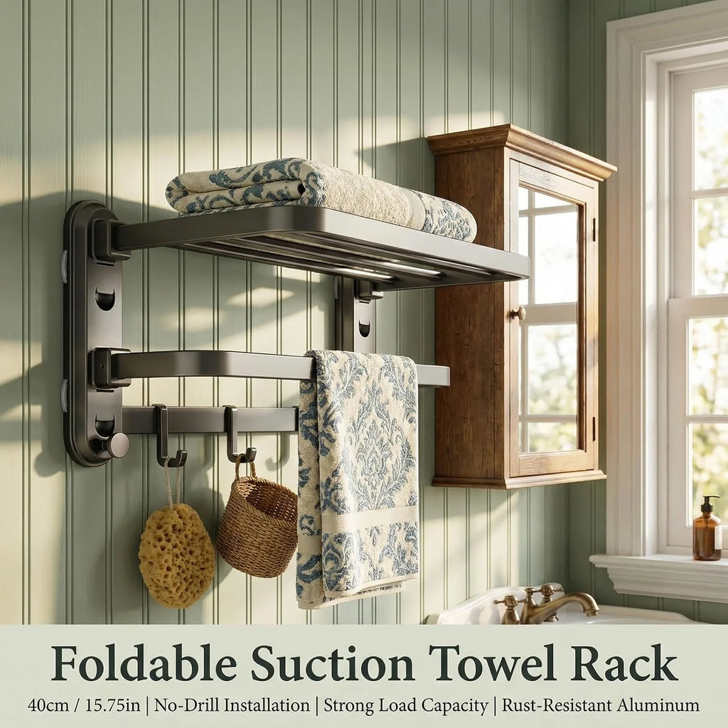 Towel Rack Suction Wall Shelf, Foldable Double Bar with Hooks – image 8