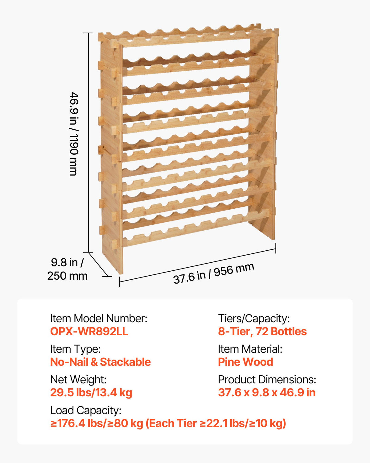 Wine Rack 72-Bottle Stackable Wood, 8-Tier Freestanding