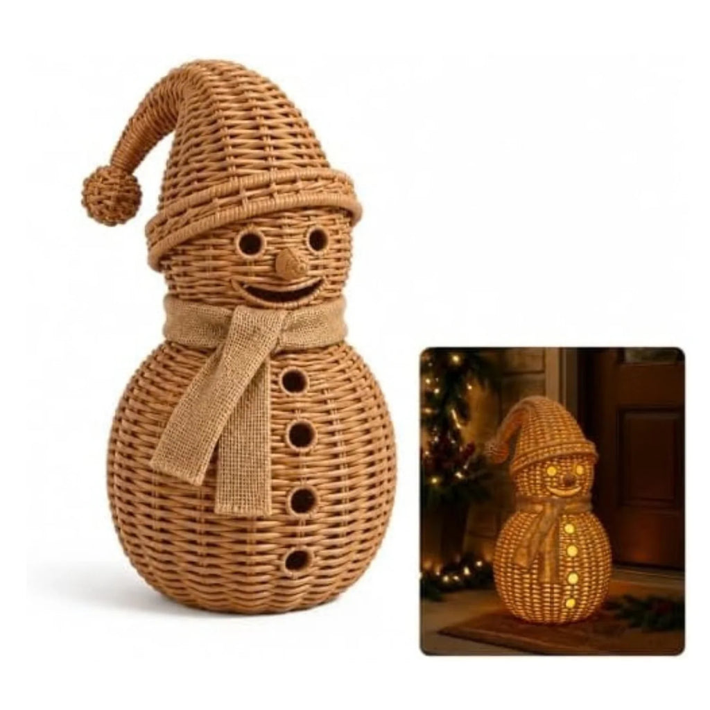 Rattan Snowman Figurine, Lighted Wicker Candle Holder 12 in