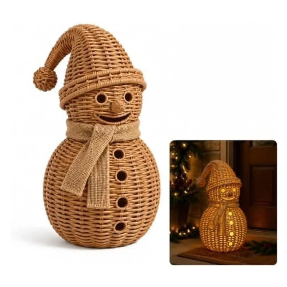 Rattan Snowman Figurine, Lighted Wicker Candle Holder 12 in