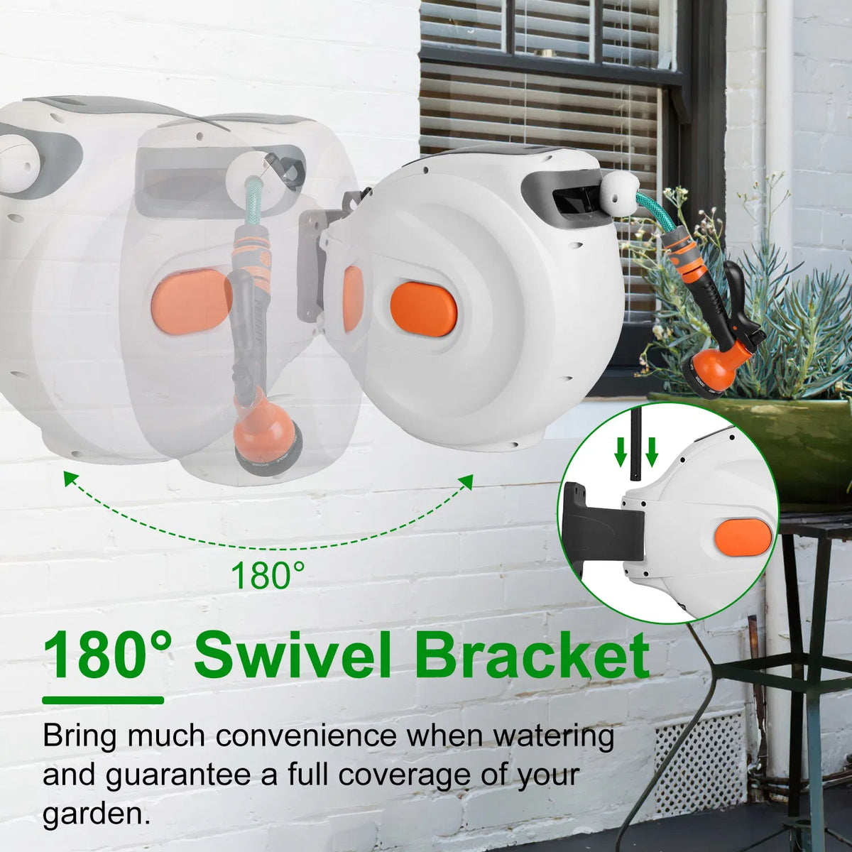 Wall Mount Retractable Garden Hose Reel 98 Ft with Sprayer