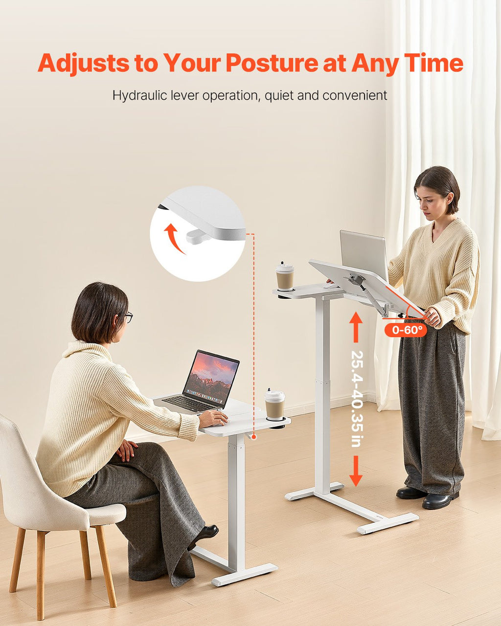 Rolling Laptop Desk with Tilting Top and Cup Holder – White