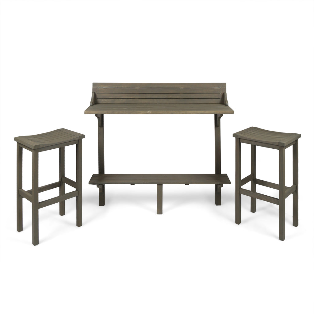 3-Piece Acacia Balcony Bar Set with Shelf Table and 2 Stools, Grey – image 2