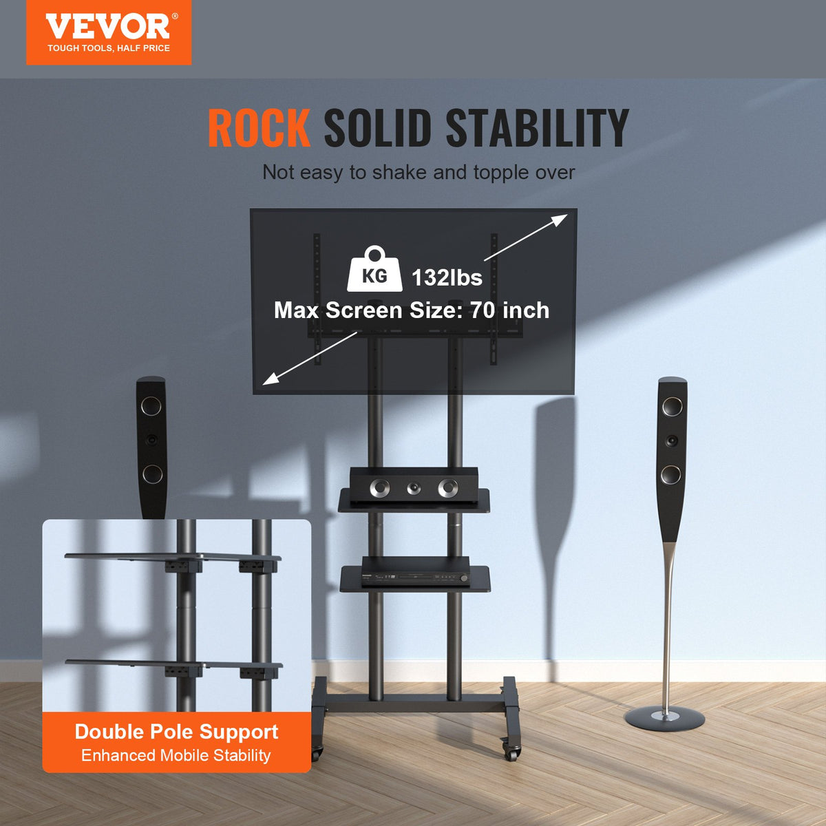 Rolling TV Cart for 32-70 Inch TVs with Dual AV Trays, 132 lb – image 3