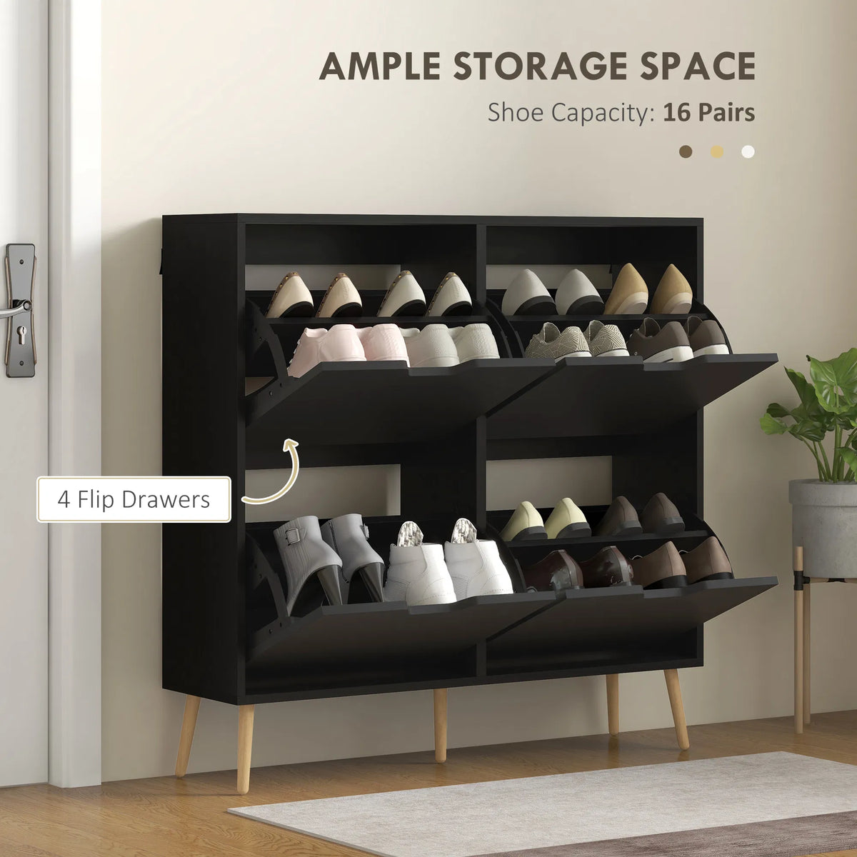 Shoe Cabinet with 4 Flip Drawers and Adjustable Shelf, Black – image 4