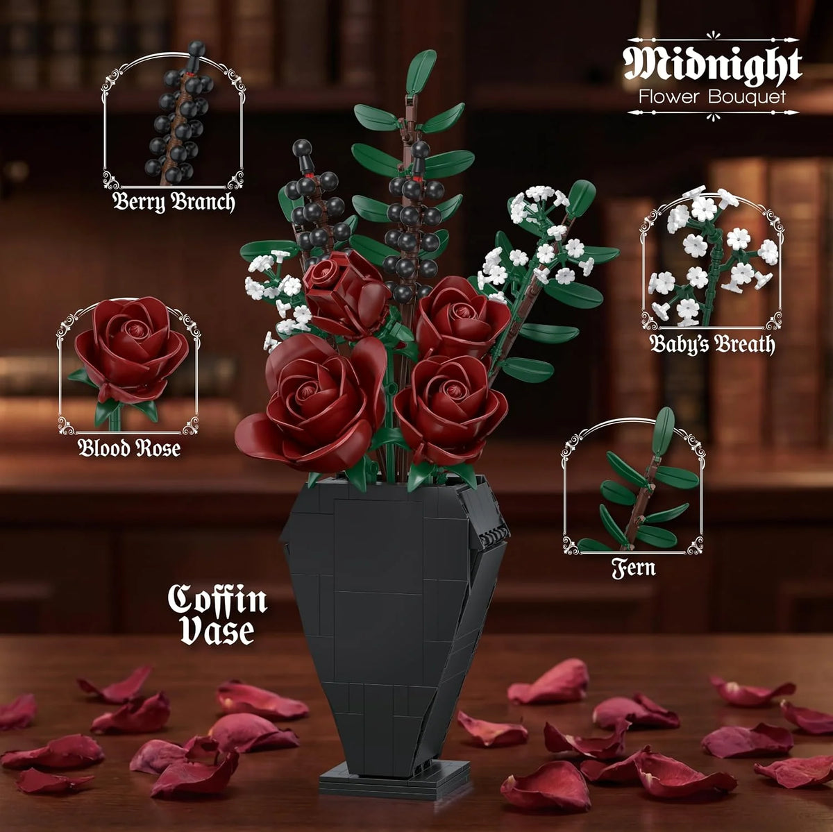 Gothic Rose Building Set – Flower Bouquet with Coffin Vase, 596 Pcs – image 3