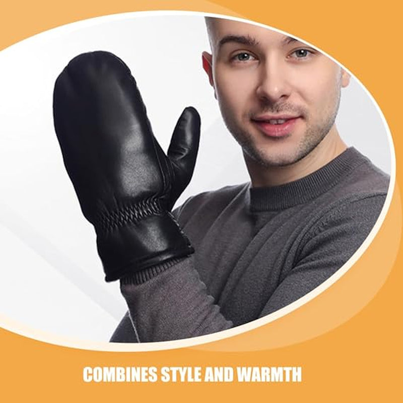 Leather Mittens – Wool Lined Winter Mittens, Black – image 3