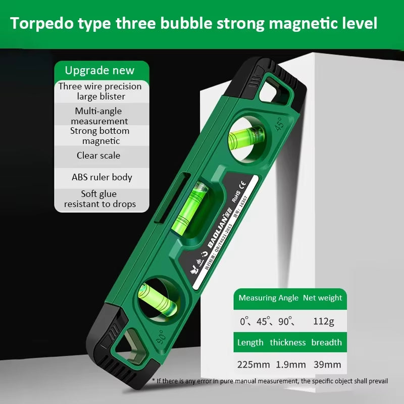 Magnetic Torpedo Level 9" - 3-Bubble Spirit Level, 0/45/90 Degree – image 6
