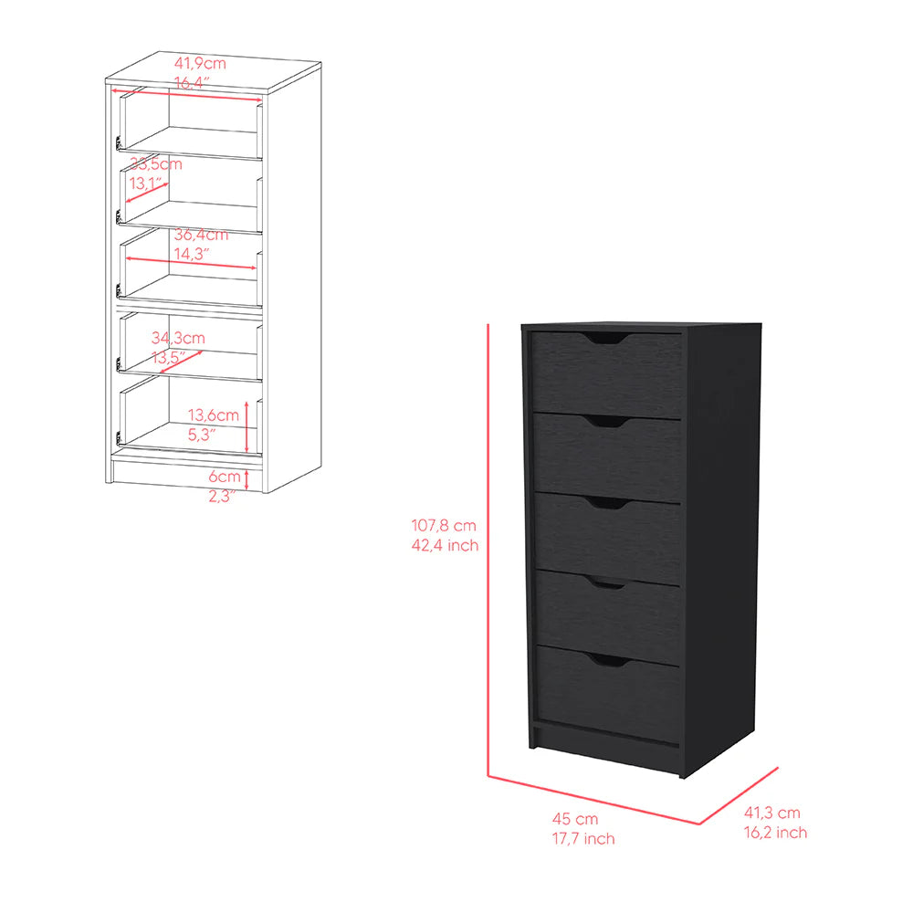 Narrow 5-Drawer Dresser, Black Wood Finish Bedroom Storage Chest – image 7