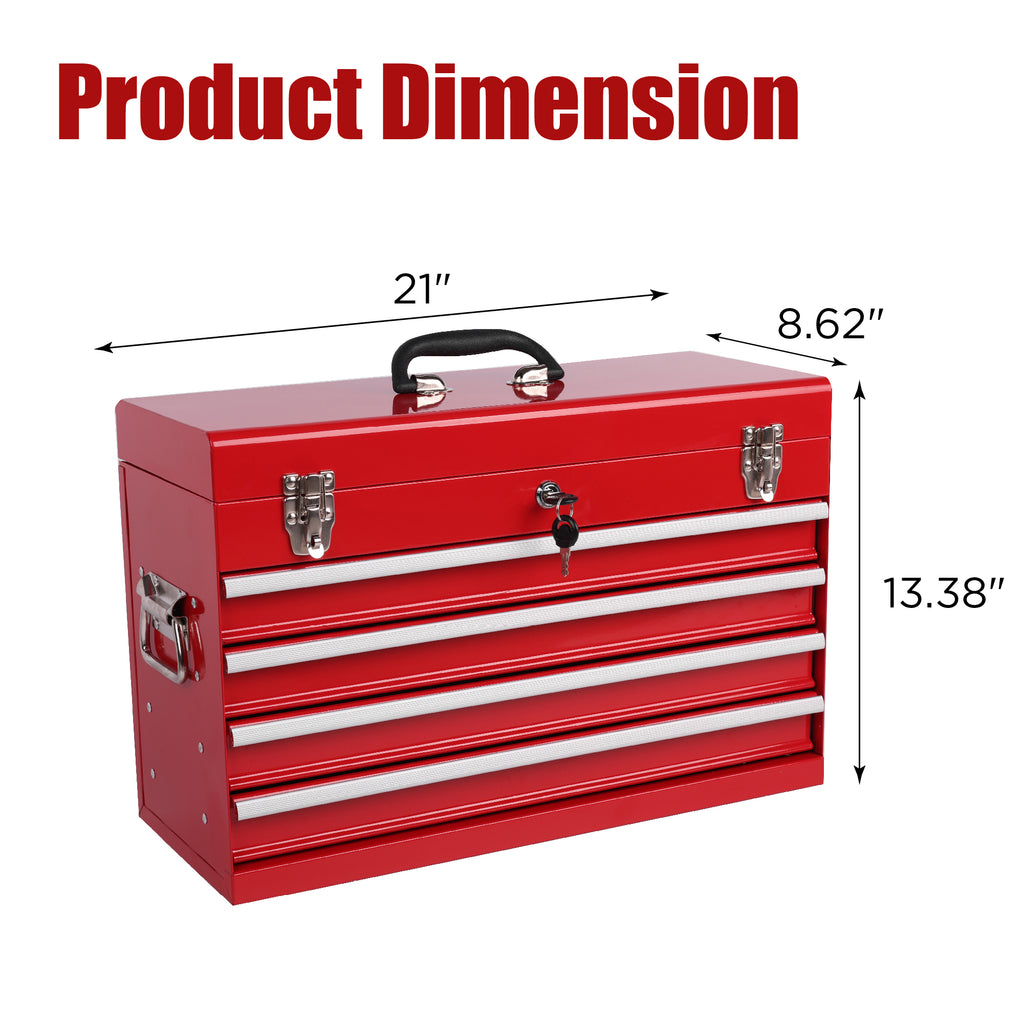 Metal Tool Box 21 in with 4 Drawers, Portable Locking Tool Chest, Red – image 2