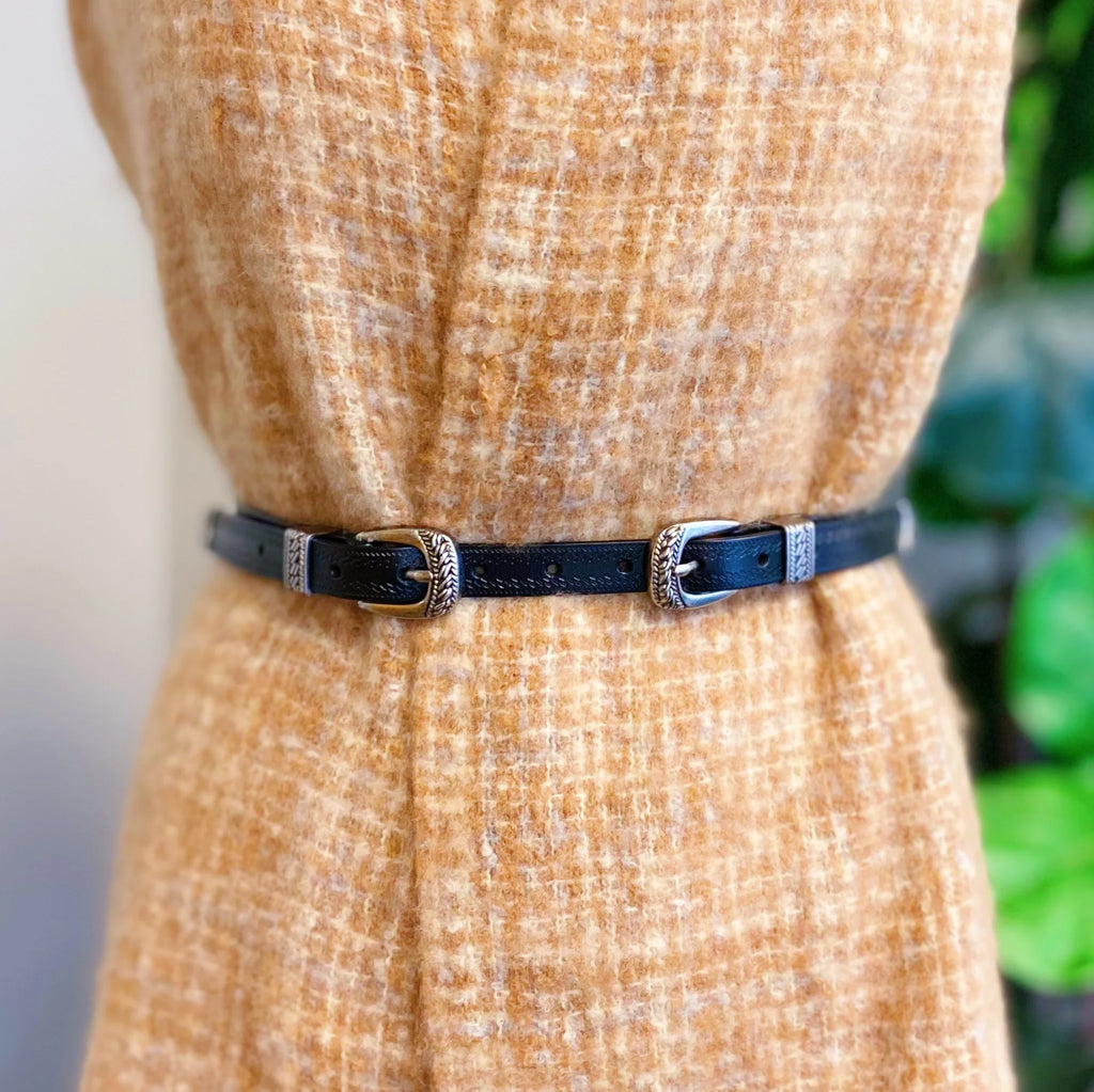 Double Buckle Leather Belt – Slim Women's Belt, Silver Tone – image 4
