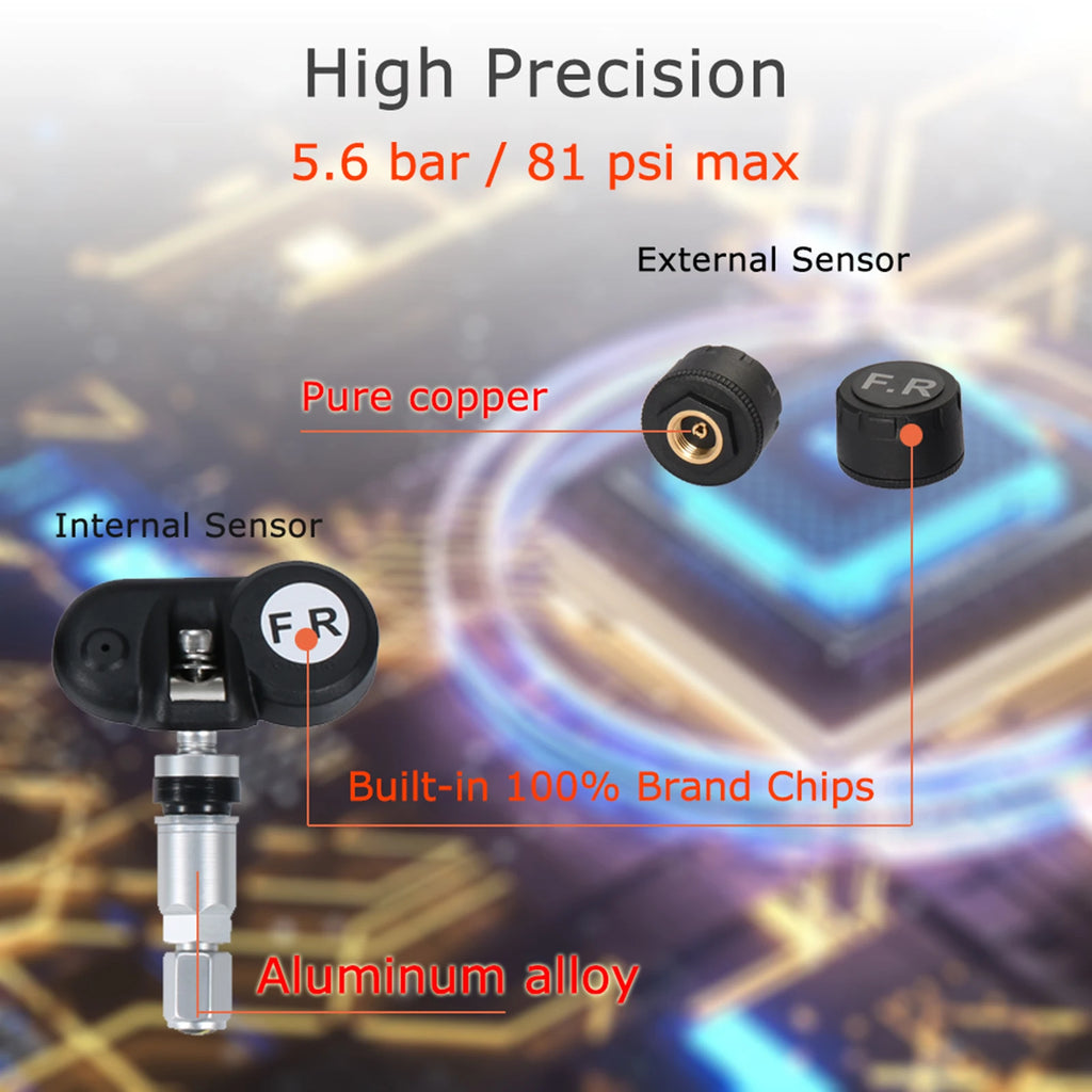 Solar Wireless TPMS - Tire Pressure Monitoring System with 4 Sensors & LCD Display