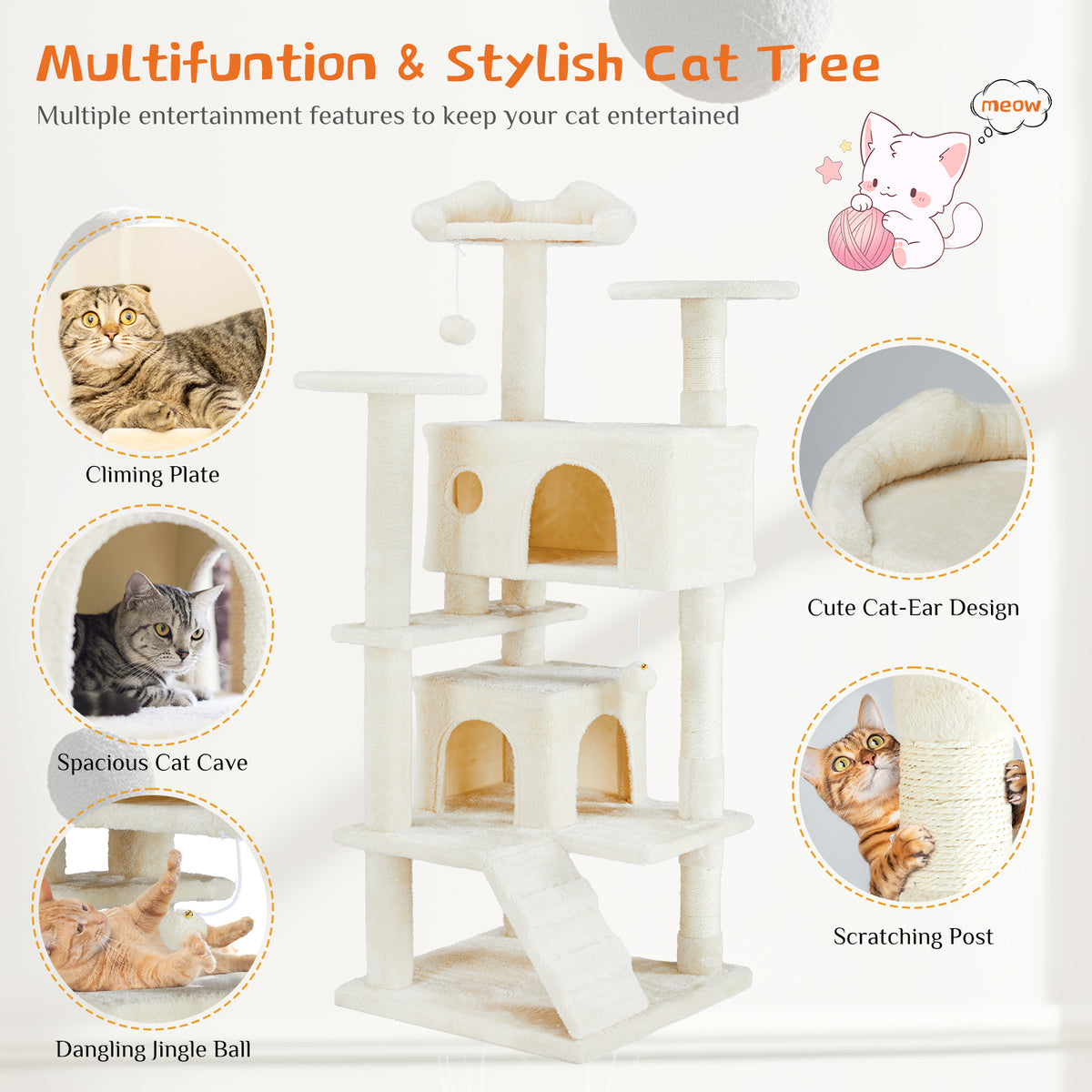 Cat Tree House 54in Multi-Level Climbing Tower with Scratch Posts – image 4