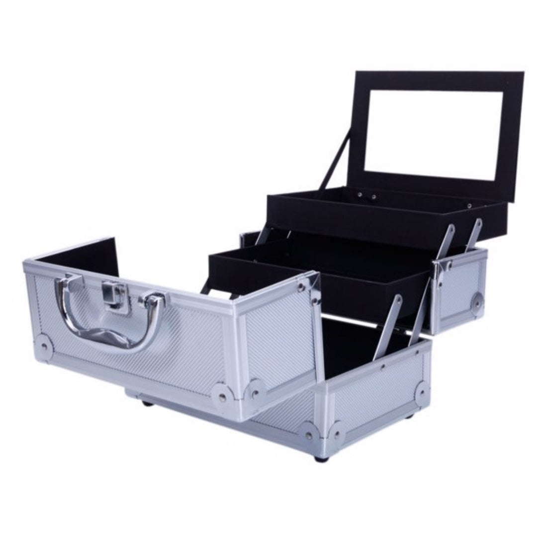 Aluminum Makeup Train Case with Mirror and Fold-Out Trays, Silver – image 7