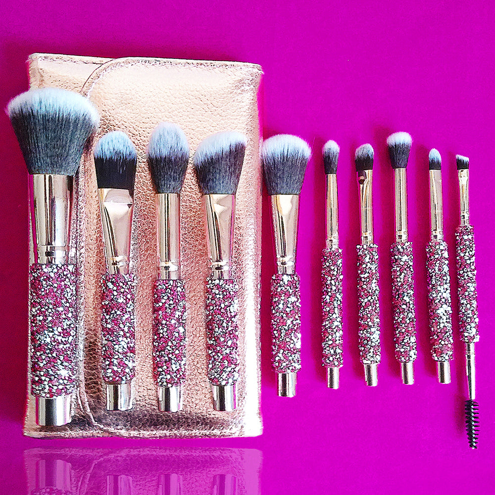 Makeup Brush Set 10-Piece with Rhinestone Handles and Storage Bag