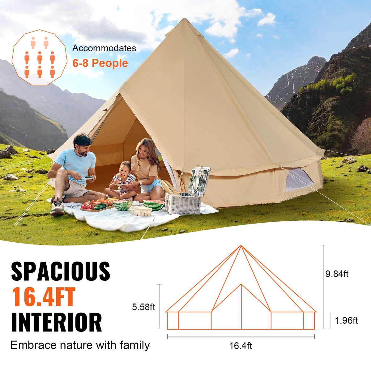 Canvas Bell Tent 16.4 ft, 4-Season Yurt Tent with Stove Jack – image 4