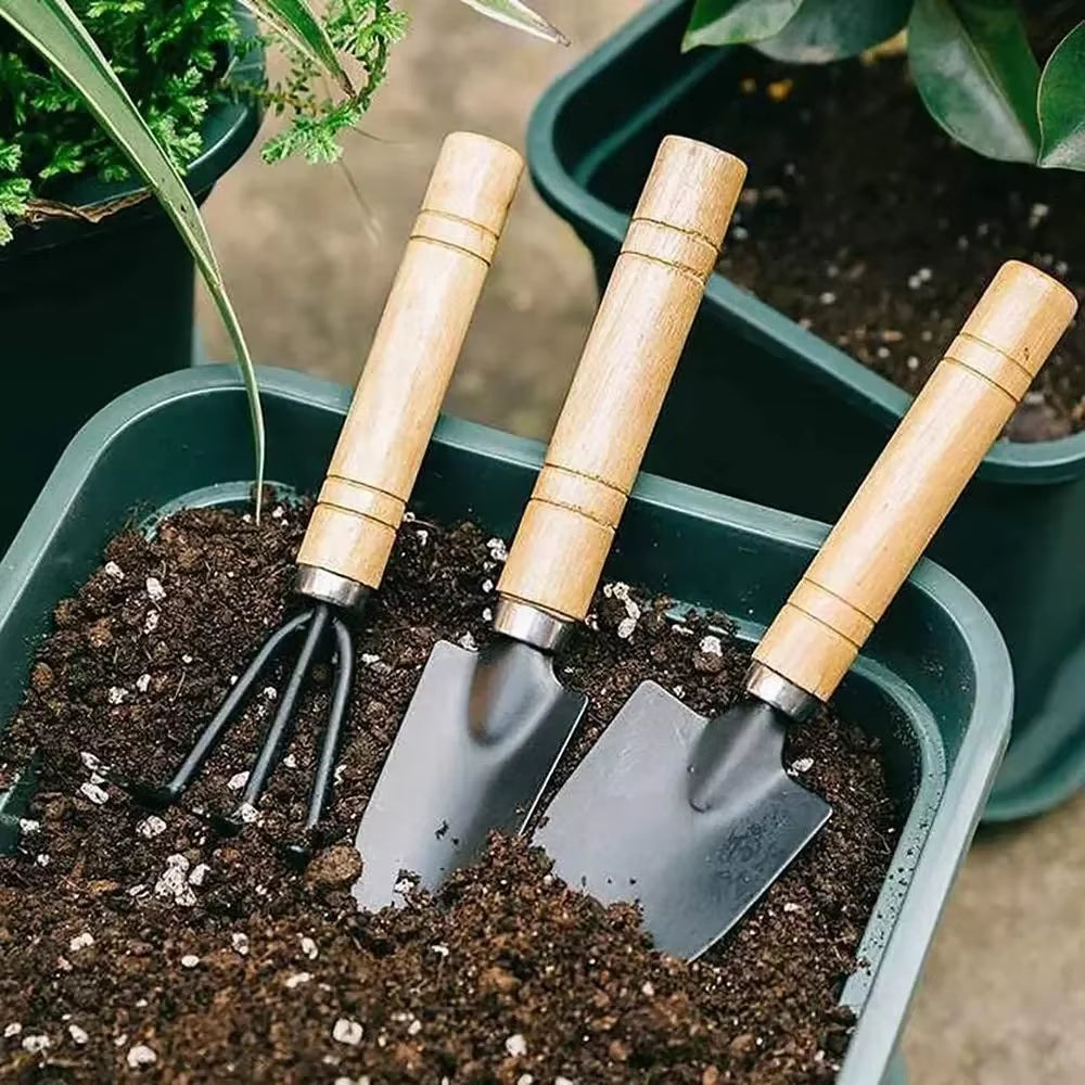 Mini Garden Tool Set 3-Piece - Trowel, Rake & Shovel, Wood Handles – image 2
