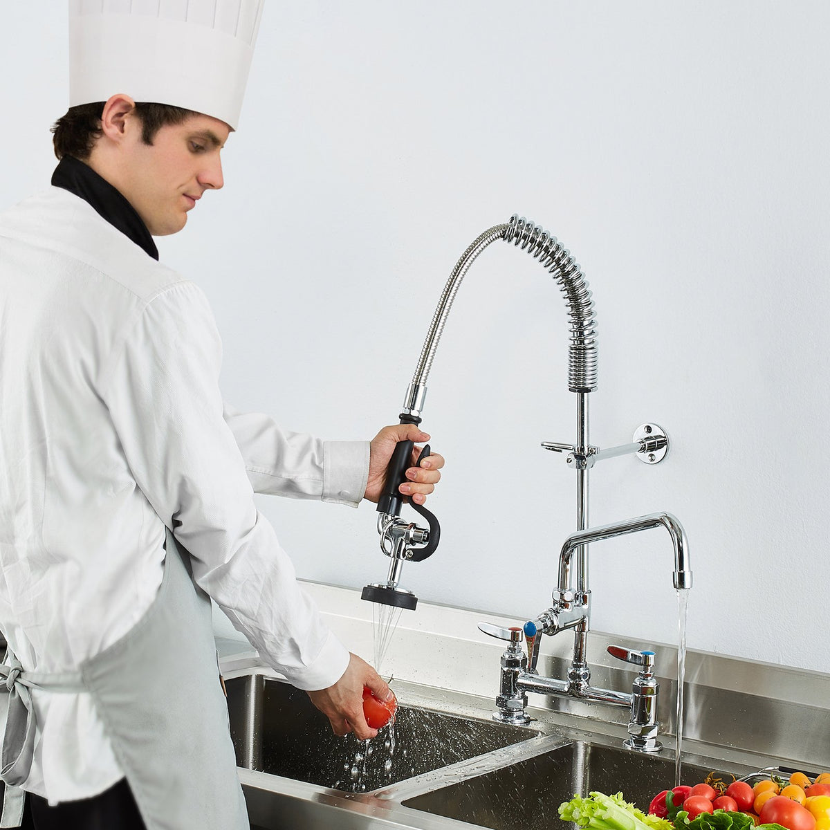 Commercial Pre-Rinse Kitchen Faucet, 26 in Deck Mount, 8 in Center, 12 in Spout – image 1