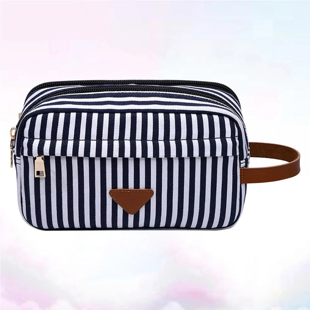 Canvas Makeup Bag – Blue Stripe Zippered Cosmetic Pouch – image 5