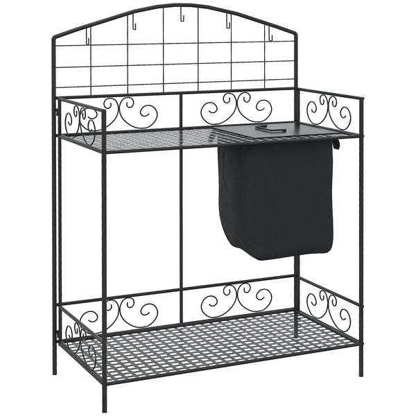 Folding Metal Potting Table with Soil Bag, Tool Hooks and Shelf