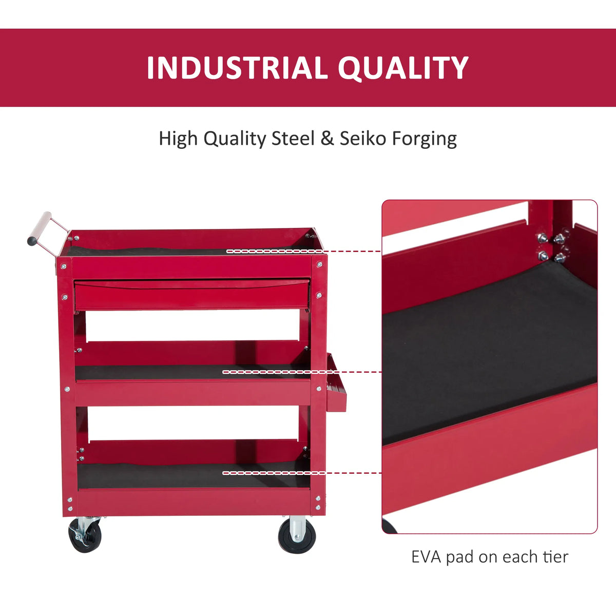 Tool Cart with 3 Tray 1 Drawer Storage Chest Garage Utility Red