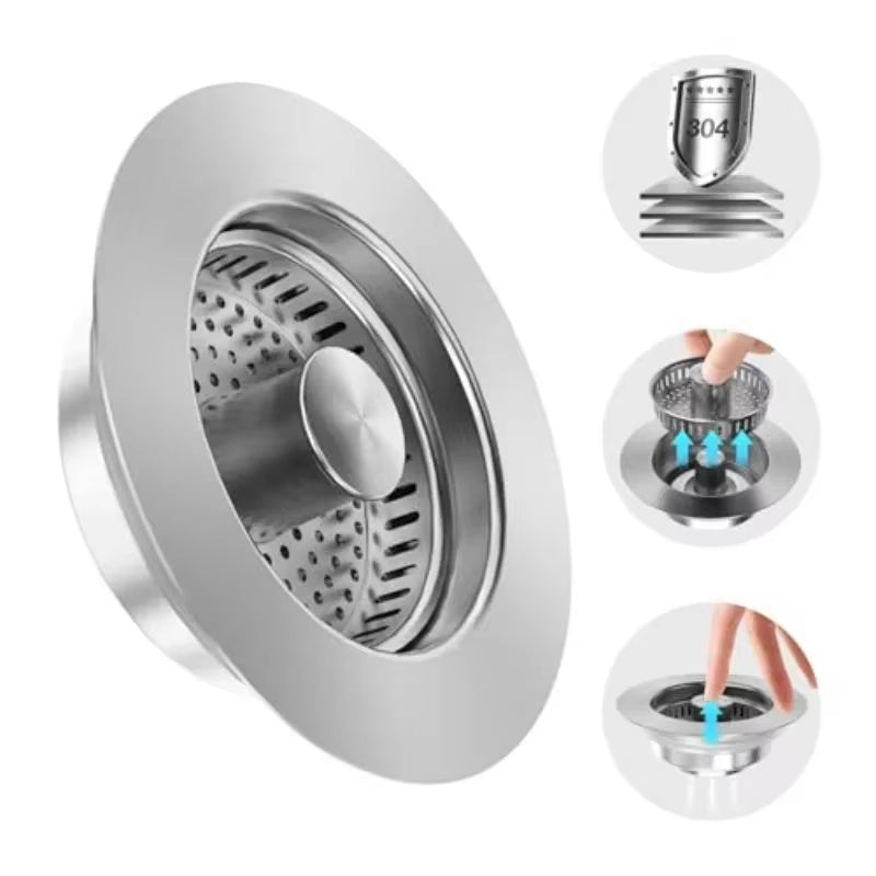 3-In-1 Kitchen Sink Strainer - Stainless Pop-Up Drain Stopper
