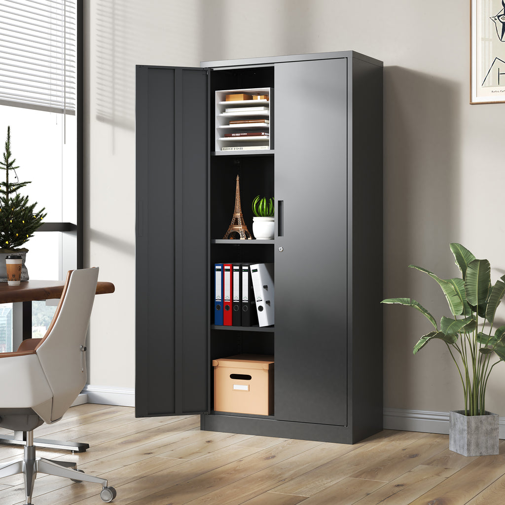 Metal Garage Cabinet 71 in Tall Locking Steel, 3 Shelves, Black – image 2