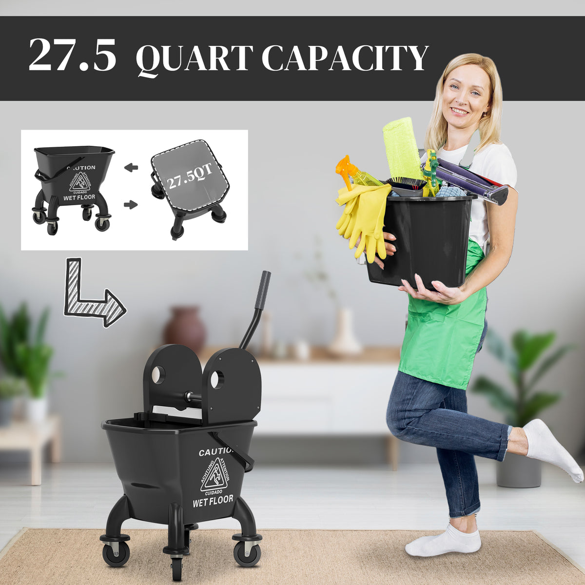 Mop Bucket with Down-Press Wringer on Wheels, 27.5 Qt with Mop – image 4