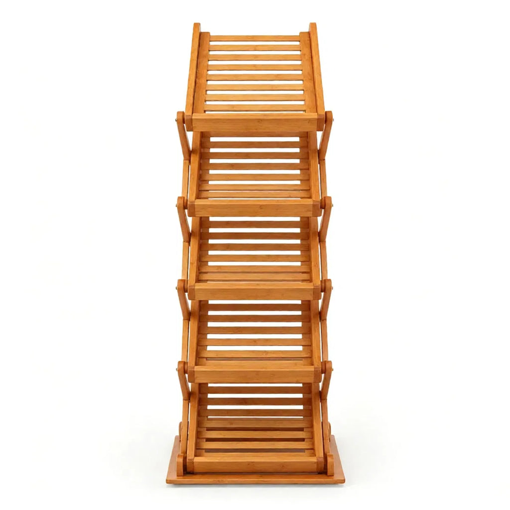 Foldable Bamboo Magazine Rack, 5-Pocket Brochure Display Stand, Walnut – image 3