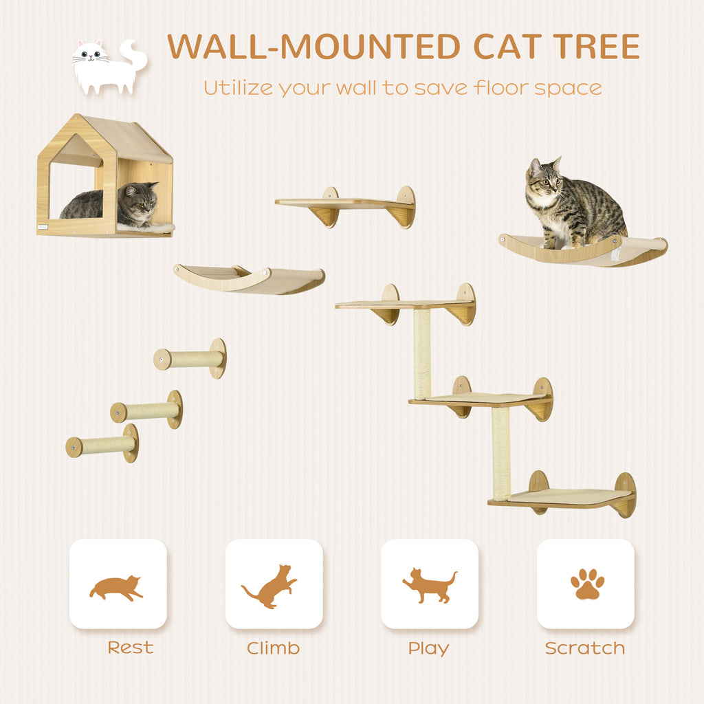 8-Piece Cat Wall Shelves Climbing Set with Condo and Sisal Posts, Oak – image 4