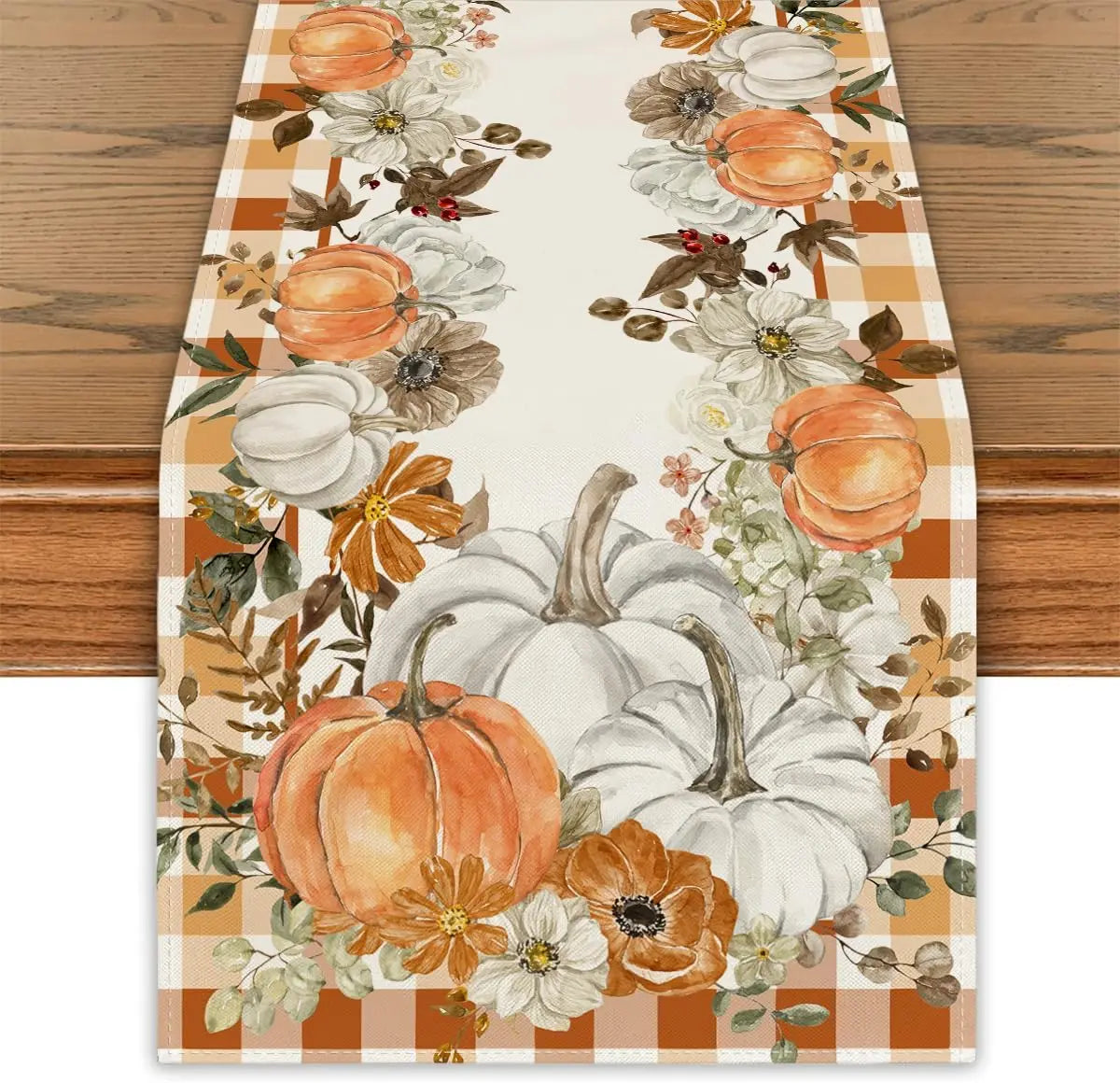 Fall Table Runner – Harvest Pumpkin and Maple Leaf Linen Runner