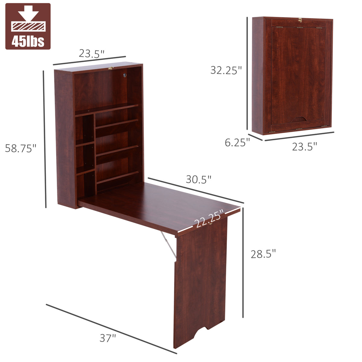 Fold-Out Wall Mounted Desk with Adjustable Shelves, Mahogany – image 3