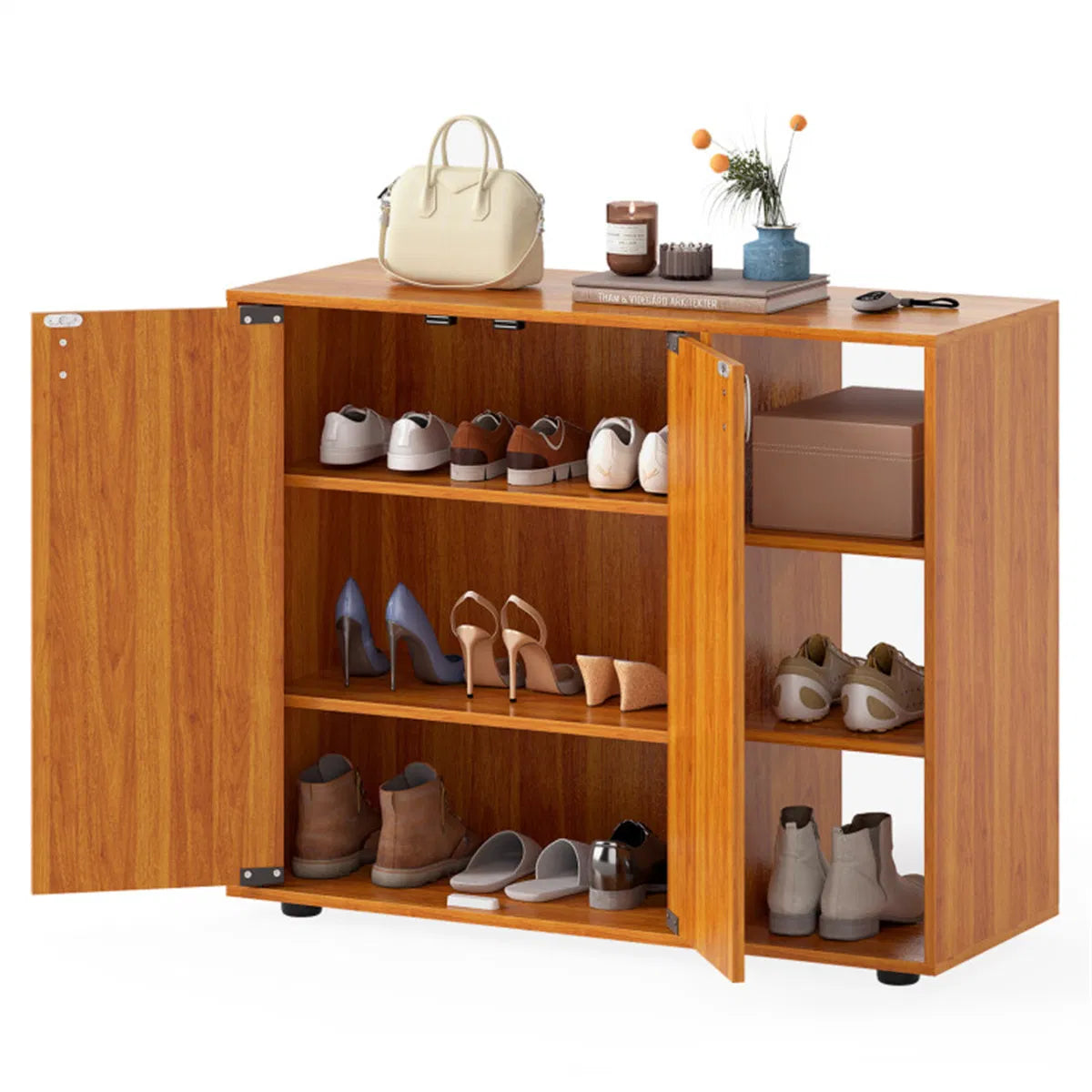 Shoe Cabinet with 2 Doors and 3 Open Shelves, Natural Wood – image 3