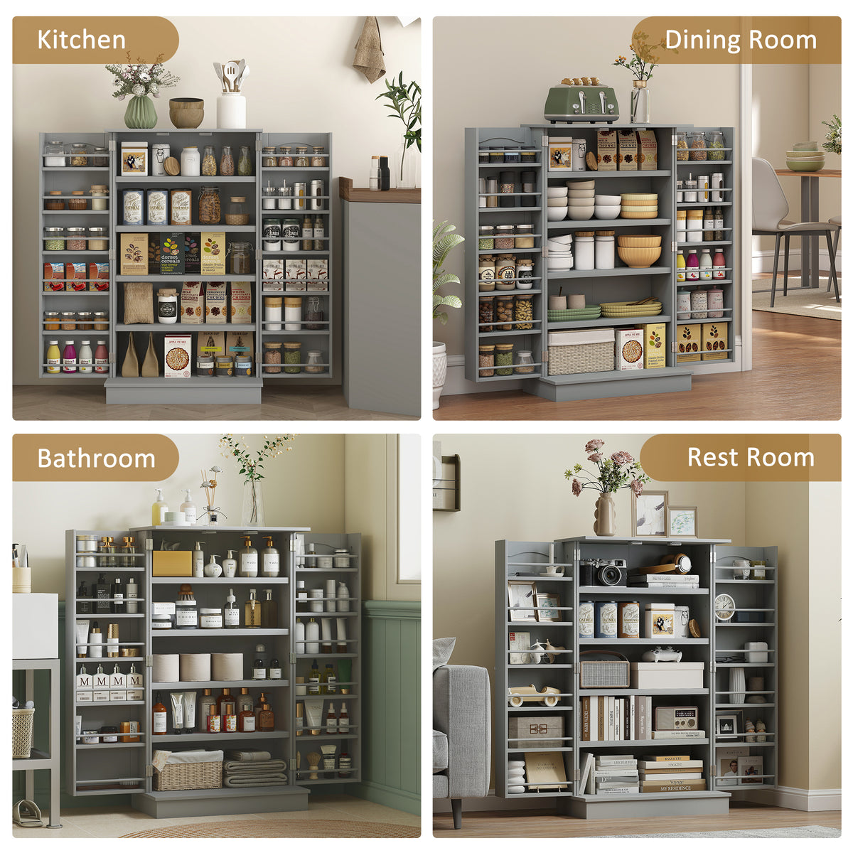 Kitchen Pantry Cabinet with 12 Door Spice Racks, 5-Tier, Gray – image 7