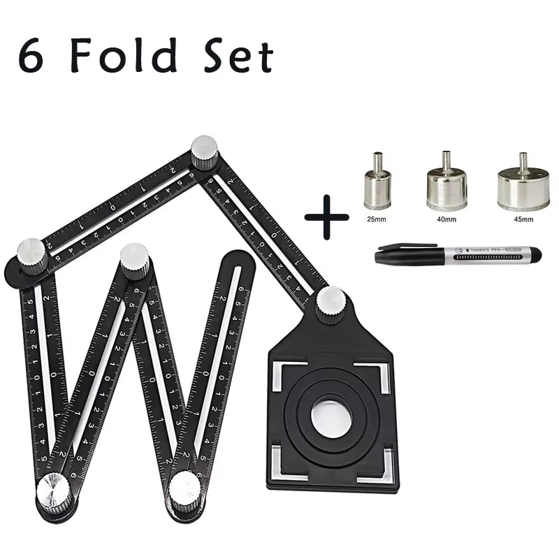 6-Fold Tile Hole Locator Ruler - Aluminum Angle Measuring Template Tool