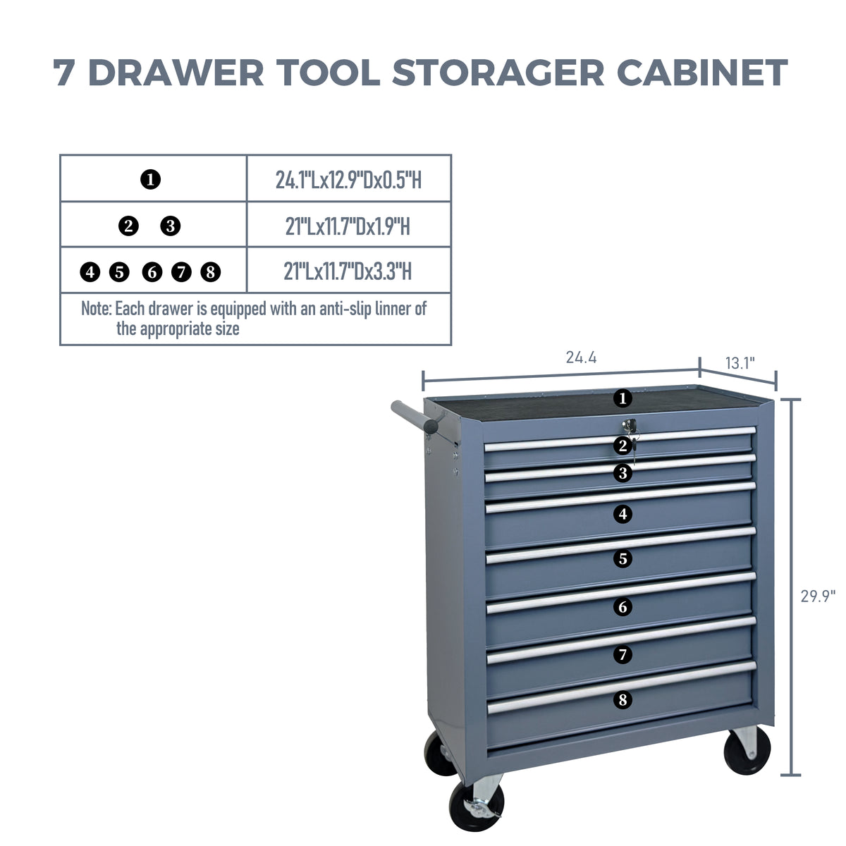 7 Drawer Rolling Tool Chest with Wheels Steel Mechanic Cabinet
